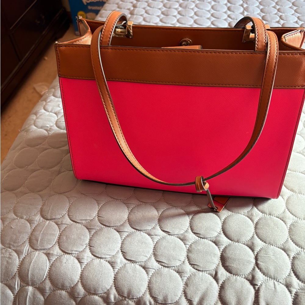 Chaps Pink and Brown Tote Bag with Color-Block Design